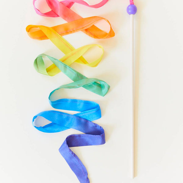 Rainbow Silk & Wood Streamer - Wand For Pretend Play